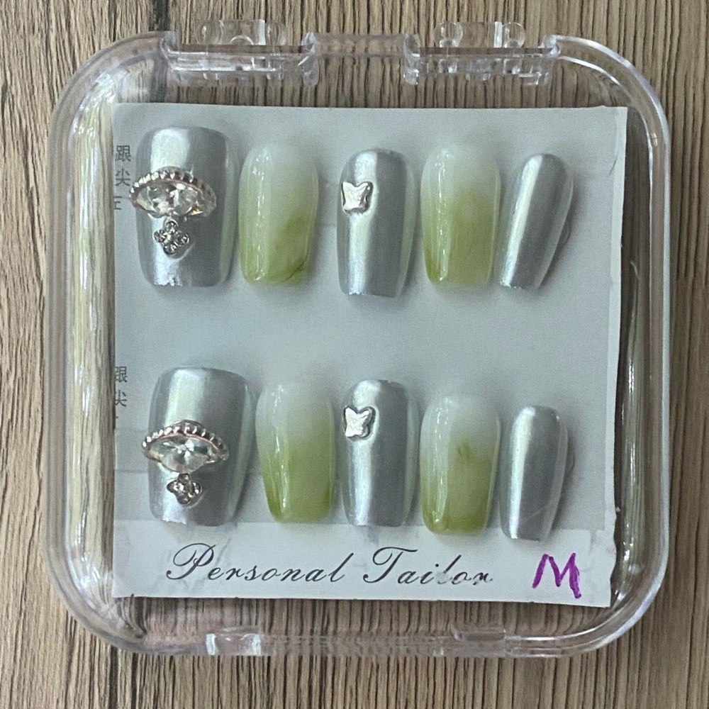 Silver and Green handmade Press-On Nails with Charms